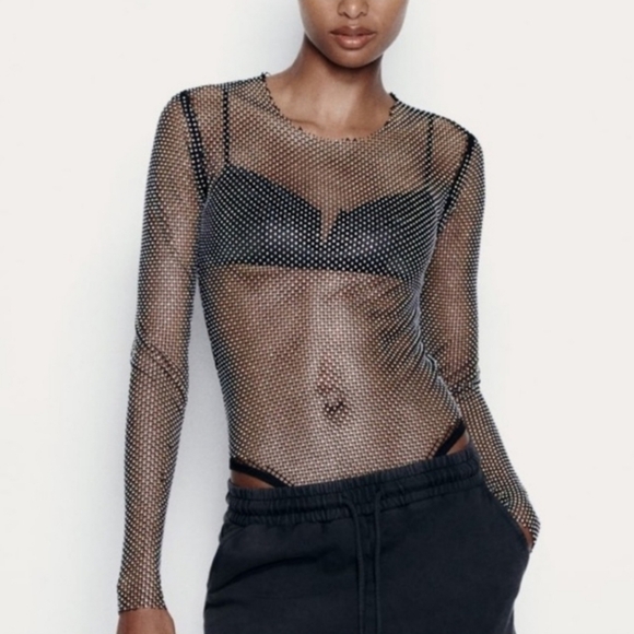 ZARA Net Mesh Crochet Rhinestone Iridescent Crystal Sheer Long Sleeve Bodysuit - Picture 2 of 8